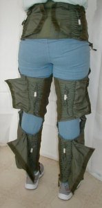 G-suit Adjustments or strings in back to adjust size - Model CSU-13B/P - also known as anti-g suit or anti-gravity garment usually worn by military fighter pilot - shown for medical use